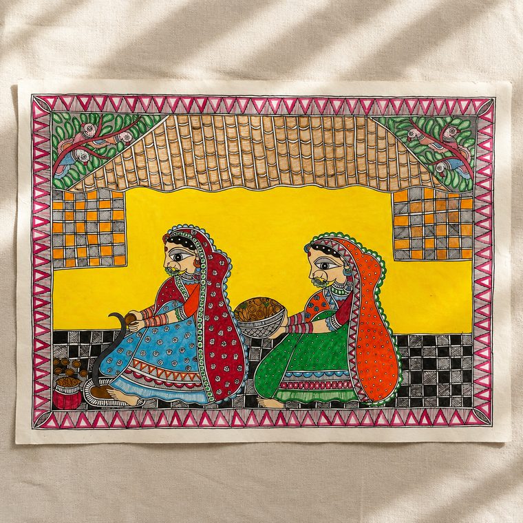 Hand-painted Madhubani folk art on handmade paper, fine linework in natural pigment