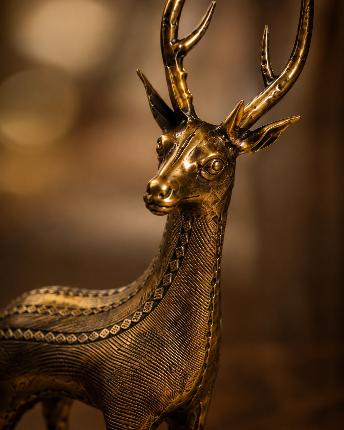 Close-up of the lost-wax cast texture on the Dhokra brass deer