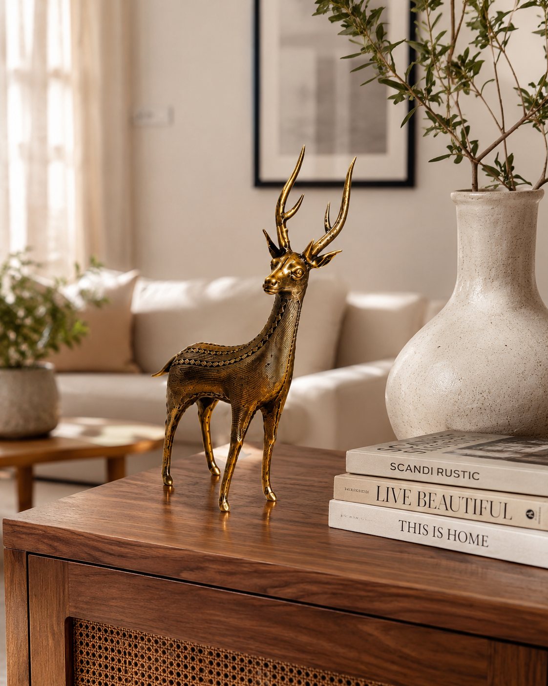 Dhokra brass standing deer sculpture, full profile