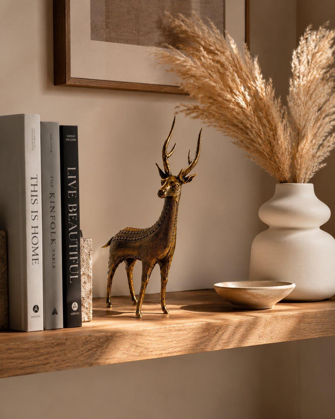 A Dhokra brass standing deer styled on a wooden shelf beside books and dried pampas