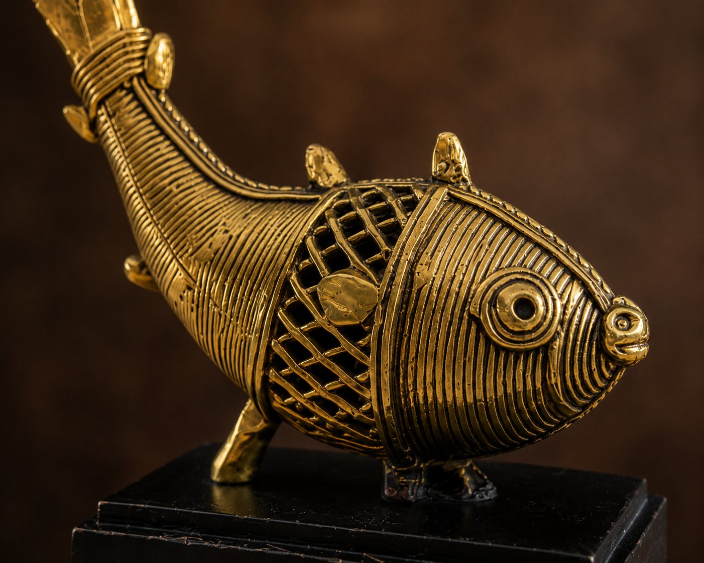 Close-up craftsmanship detail of the Dhokra brass fish