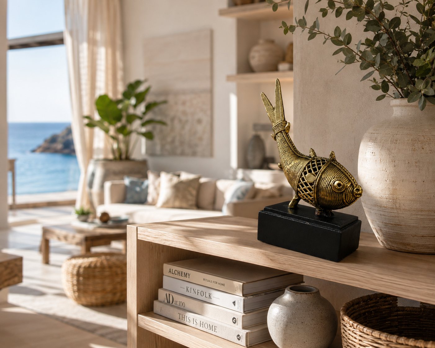 Dhokra brass fish with base in a coastal home styling