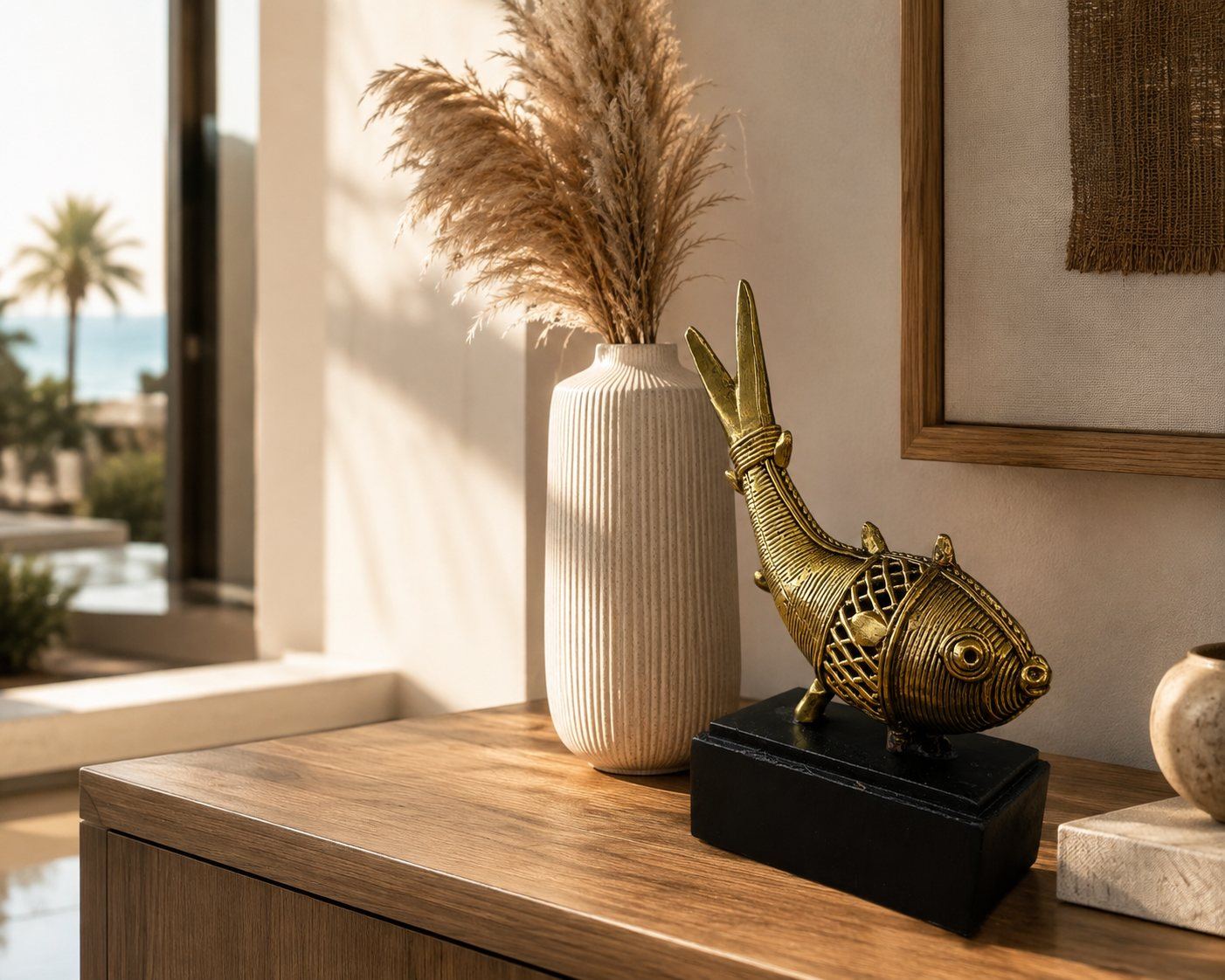 A hand-cast Dhokra brass fish sculpture styled on a warm wooden console in a sunlit interior, beside a stoneware vase