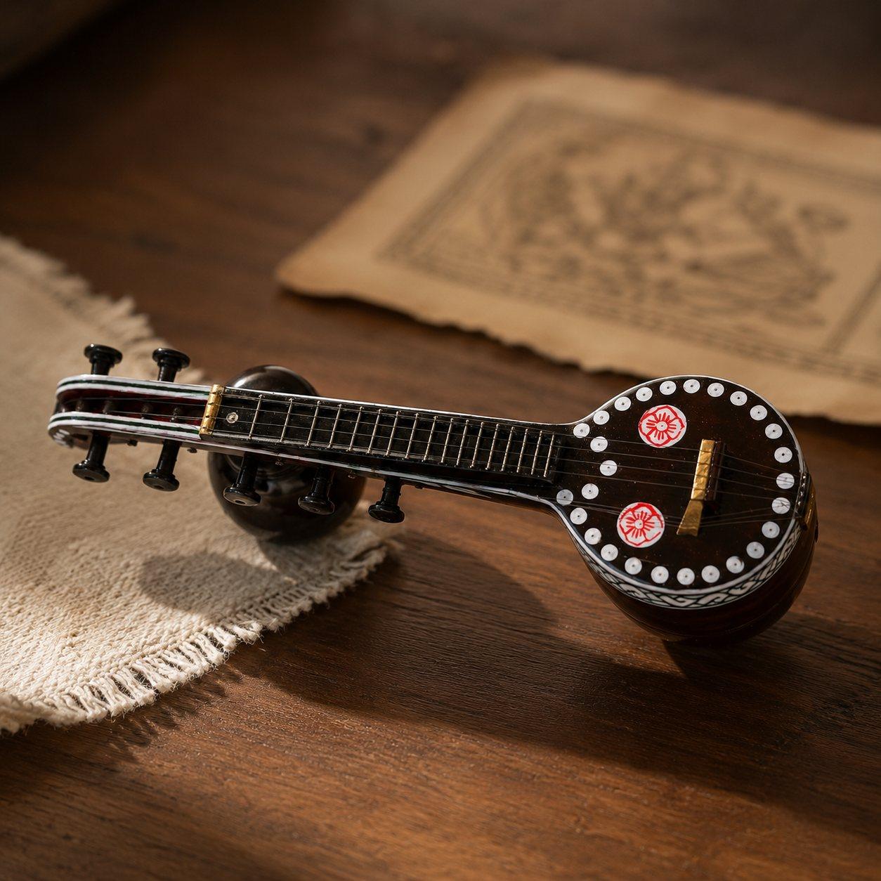 A hand-carved Bobbili Veena miniature beside a Madhubani painting on handmade paper