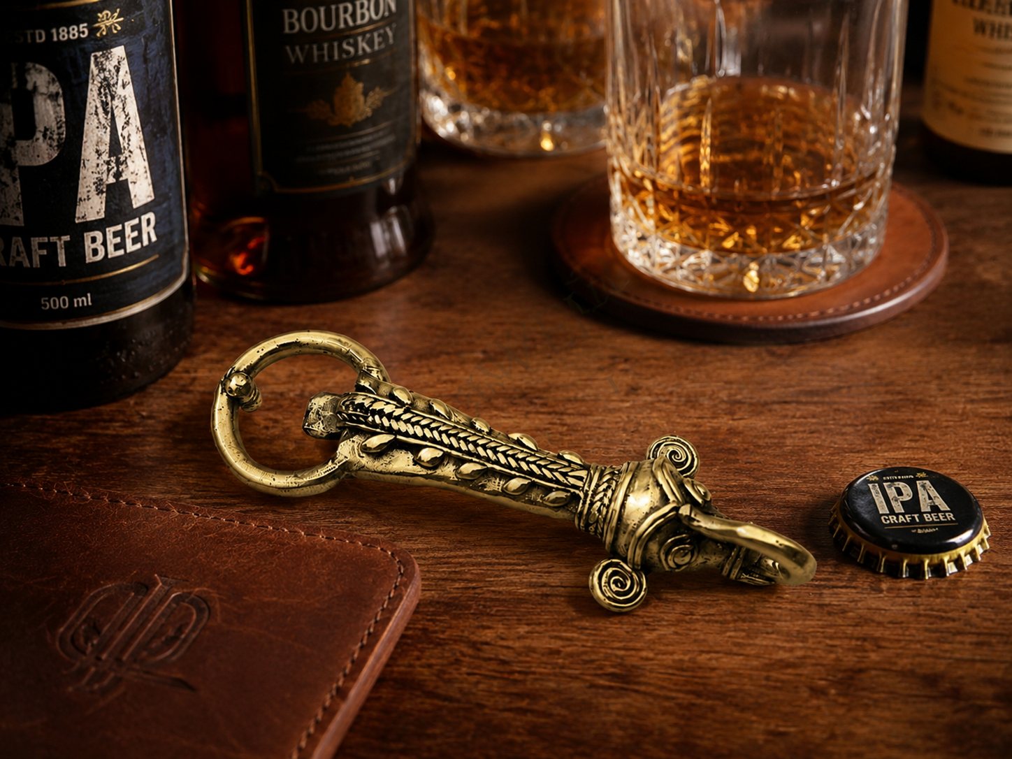 Dhokra brass elephant bottle opener styled on a bar cart