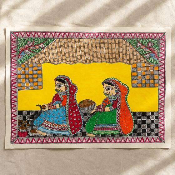 Madhubani painting — Women Gossip in Village