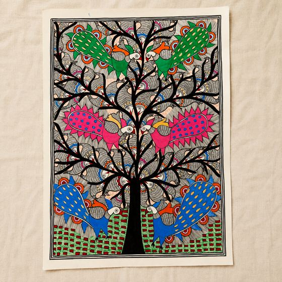 Madhubani painting — Peacock on a Fish Tree