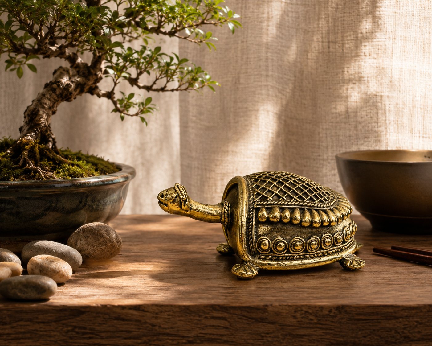 Dhokra brass tortoise sculpture in a zen home styling